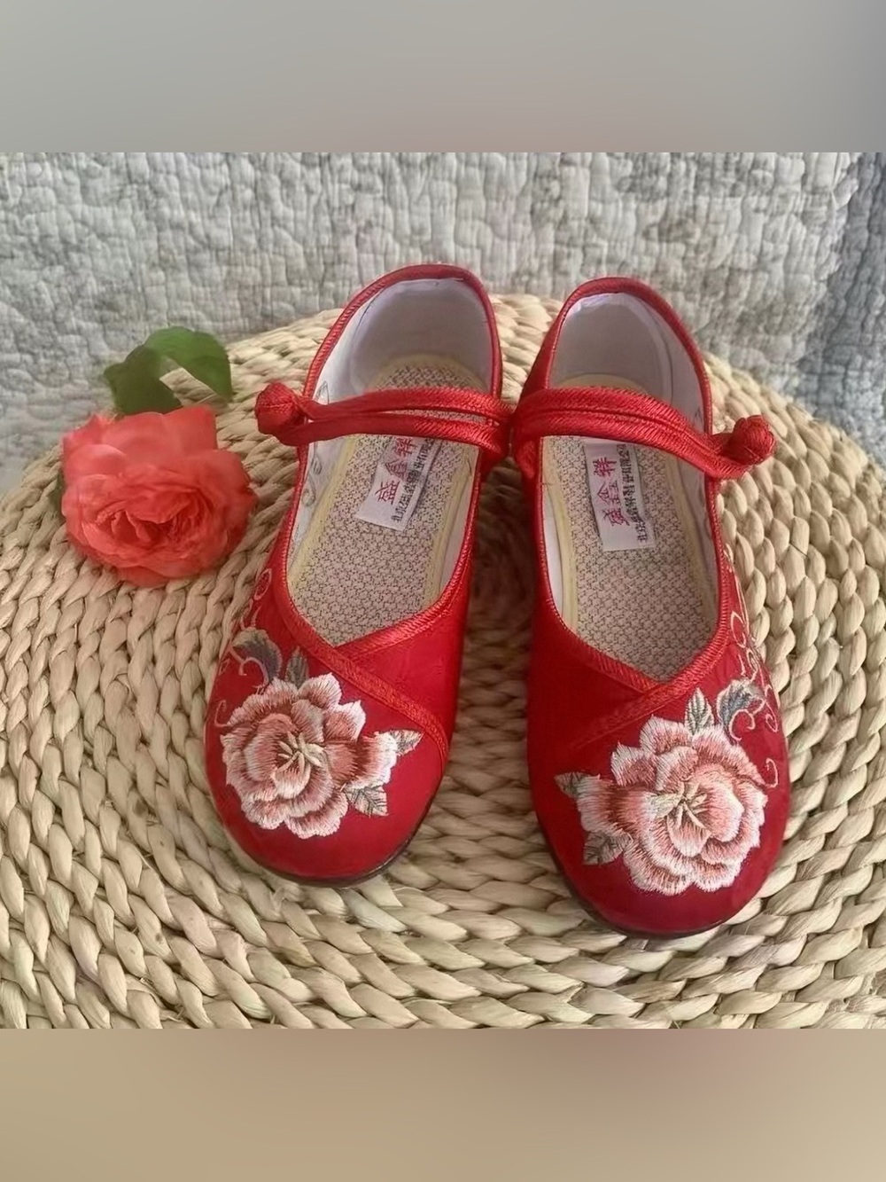 Red Floral Mary Jane Shoes - Traditional Embroidered Design